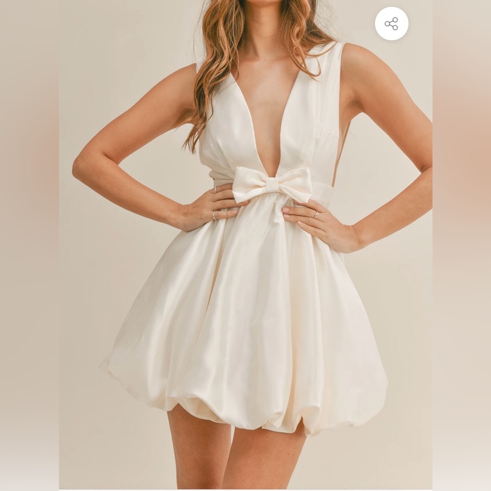 Ivory Plunge Bow Bubble Mini Dress by Mable